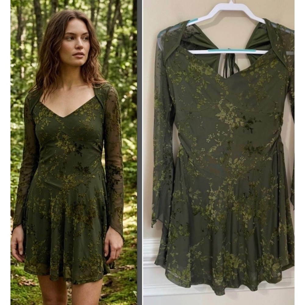 Cider Size L Moss Green Forest Fairy Grunge Floral Velvet Burnout Mesh Dress